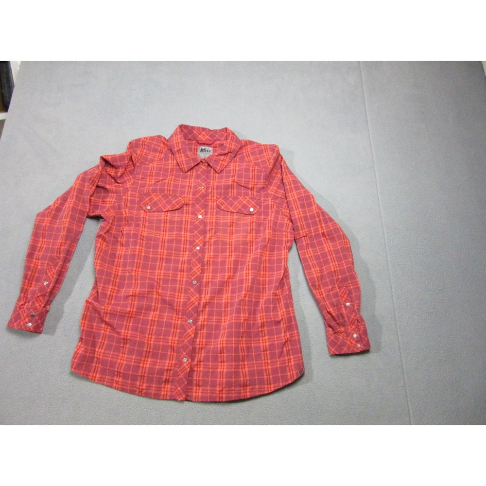 REI Shirt Womens XL Red Plaid Hiking Camping Snap Pocket Outdoor Button Up